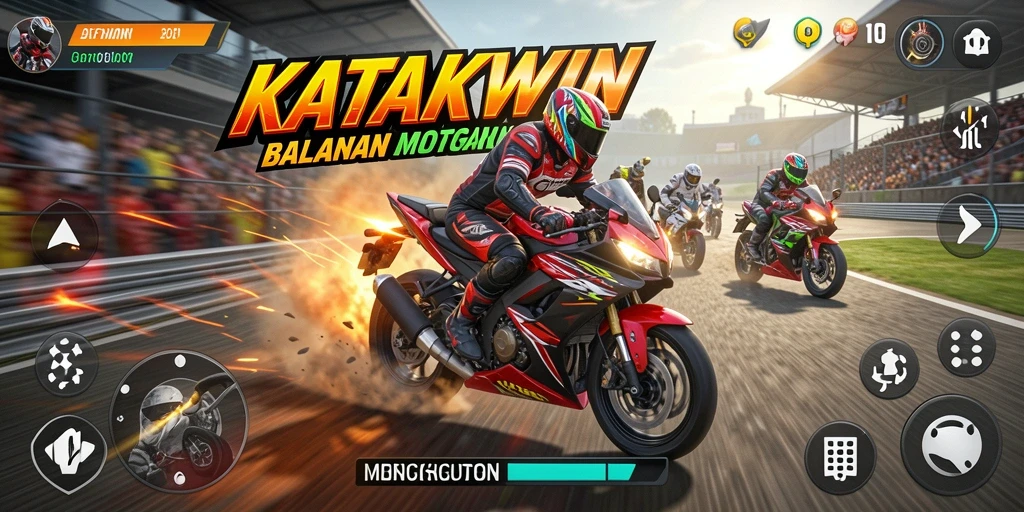 Tampilan layar permainan KATAKWIN saat balapan motor yang seru.