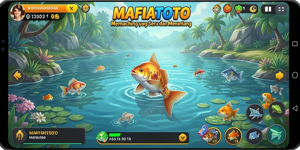 Tampilan gameplay <strong>MAFIATOTO</strong> saat memancing di danau yang tenang.