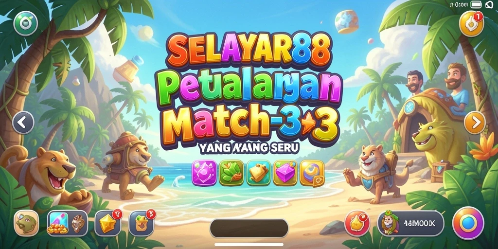 Tangkapan layar menunjukkan gameplay mencocokkan permata yang seru dan colorful.